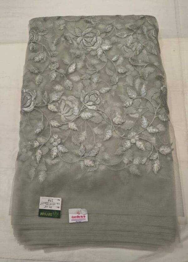 Premium Net Embroidery Fabric | Elegant Grey Embroidered Dress Material for Suit, Kurti & Party Wear